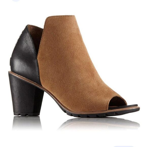 SOREL Nadia Leather Camel Tan and Black Peep Toe Booties Women’s Sz 9.5 BoxD - Picture 1 of 10